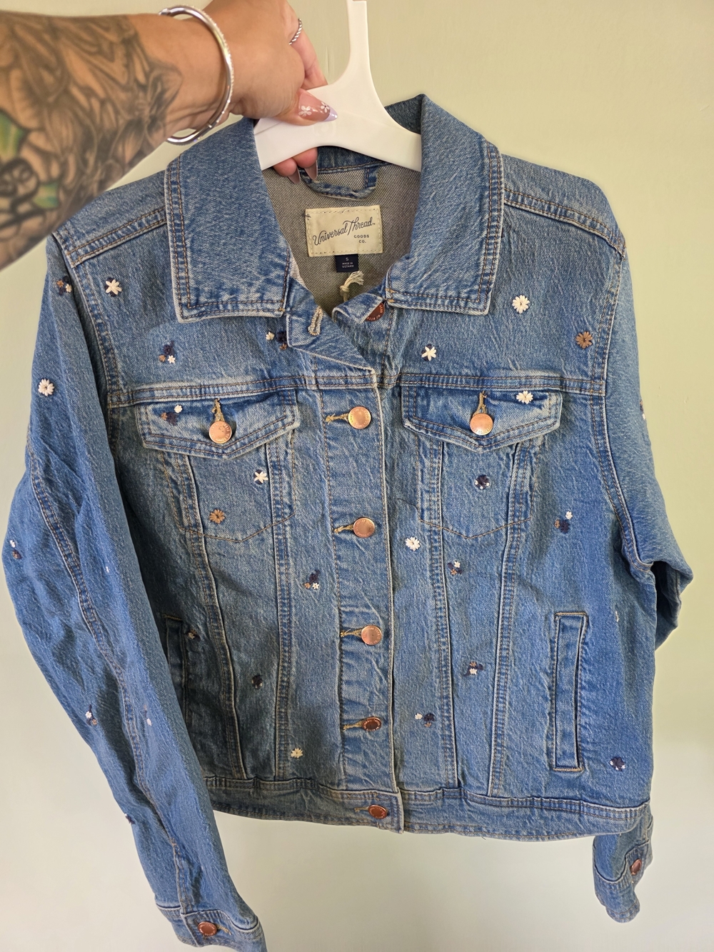 Universal Thread Blue Denim Jacket with Floral Stud Details